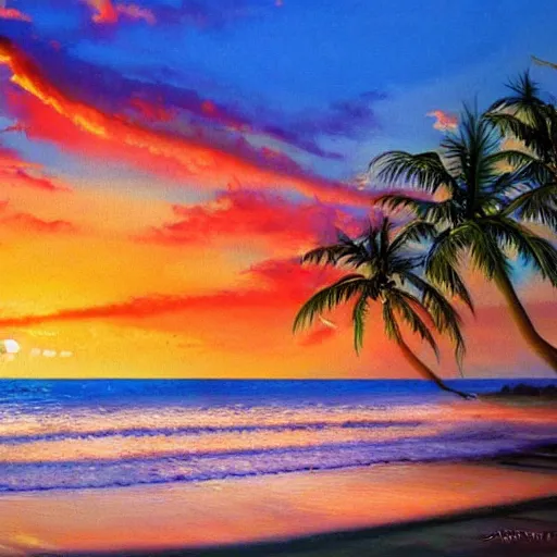 Prompt: A beautiful tropical beach at sunset Oil painting by Jim Warren