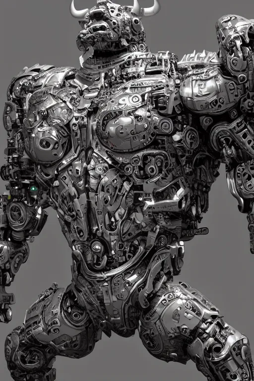 Image similar to a full body shot of a cyborg ( bull ) modeled after a bull looking into the camera, android, cyborg, full body shot, intricate, 3 d, hyper realism, fantasy, depth of field, octane render, symmetrical, highly detailed, digital art, artstation, concept art, cinematic lighting, trending