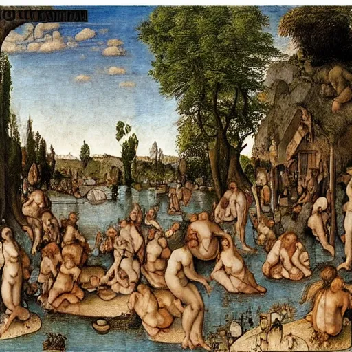 Image similar to “women bathing in a lake by albrecht Dürer”