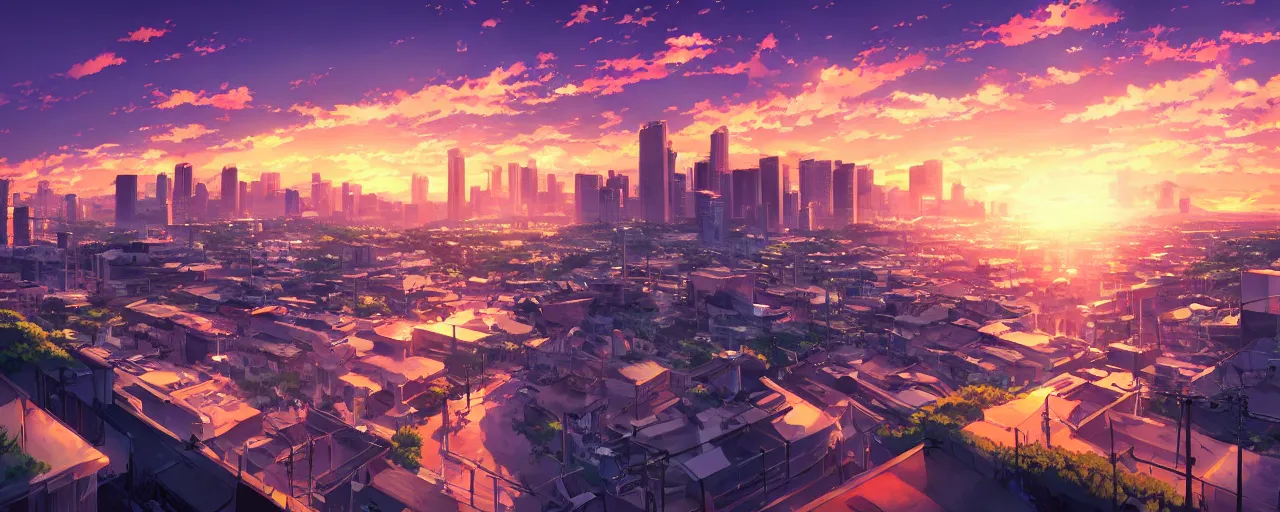 Prompt: beautiful anime sunset cityscape, makoto shinkai