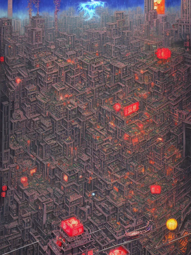 Prompt: realistic detailed image of Horror Machine Consuming A city by Hou Yimin, Dan Howard, Allan Houser, Alice Hunt and Peter Hurd, Neo-Pagan, rich deep colors. Painting by Byun Shi Ji and Jiang Feng masterpiece