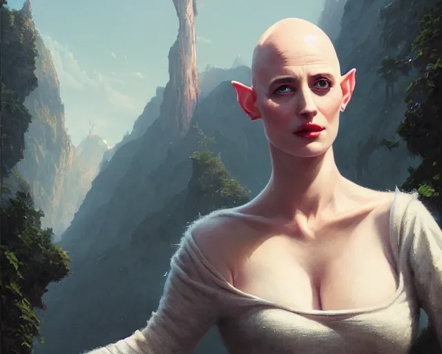 Image similar to highly detailed portrait of eva green as a bald elf, in gta v, stephen bliss, unreal engine, fantasy art by greg rutkowski, loish, rhads, ferdinand knab, makoto shinkai and lois van baarle, ilya kuvshinov, rossdraws, tom bagshaw, global illumination, radiant light, detailed and intricate environment