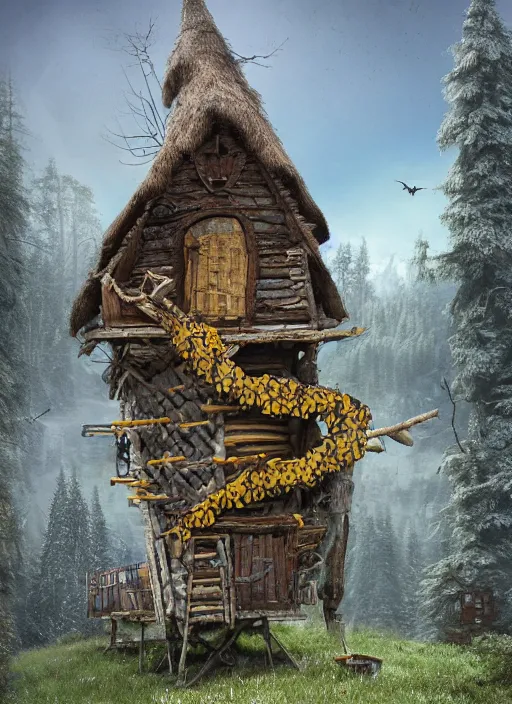 Prompt: highly detailed matte painting of the baba yaga witch's shack which is constructed on top of two giant wooden posts up high on either side, that are painted yellow connected at the bottom to two large architectural wooden chicken feet painted yellow on both sides under the shack, mountain woodlands,, 8 k resolution, by android jones