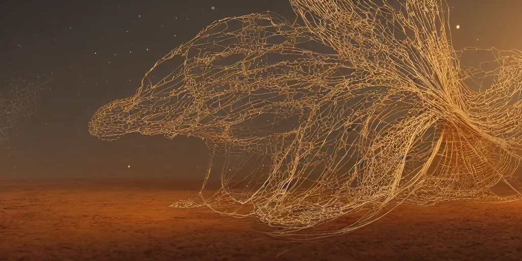 Prompt: A George Miller film, an ornate real character made out of intricate metallic filament webs and Endocrine system built out of dust and light, spinning majestic crystalline coated wires, floating in the desert night, hyper-realism, very detailed feel, rendered in Octane, tiny points of light, caustic, 4k, beautiful lighting, colorful, vibrant