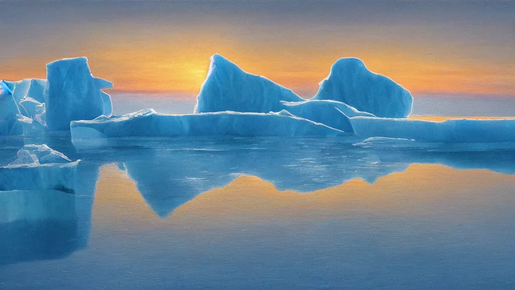 Prompt: the most beautiful panoramic landscape, oil painting, where a giant iceberg is lost in middle of the artic ocean, a giant penguin is exhaling steam while walking over the iceberg, there is nothing else, the artic ocean is reflecting the giant penguin over the iceberg and the ray lights of the sunset are brightening him, by greg rutkowski, minimal style,