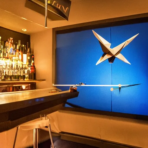 Image similar to a 3 d rendered movie still, 4 k, wide - angle medium - shot. on top of a bar, a blue hawaiian martini martini next to a small origami bird. a dart board on a wall in the background. it's happy hour, high - energy. imax, 7 0 mm dramatic lighting, digital art, photorealistic, ultra detail blade runner