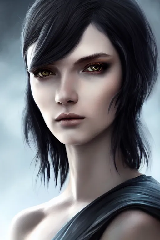 Image similar to ultra realistic style illustration of an androgynous gorgeous fae with shoulder length black hair pale skin and beautiful eyes, headshot, sci - fi, fantasy, intricate, elegant, highly detailed, digital painting, artstation, concept art, smooth, sharp focus, illustration, 8 k frostbite 3 engine, ultra detailed