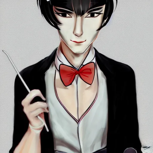 Image similar to full body painting of grumpy handsome thin beautiful man in his 2 0 s named min - jun in a french female maid outfit, modern clothing, elegant, clear, painting, stylized, delicate facial features, stylized thin lines, soft but grumpy, highly detailed, art, art by egon alphonse