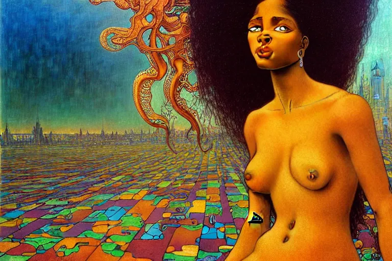 Image similar to realistic extremely detailed portrait painting of a beautiful black woman, city street on background by Jean Delville, Amano, Yves Tanguy, Ilya Repin, Alphonse Mucha, Ernst Haeckel, James C. Christensen, Edward Robert Hughes, Roger Dean, rich moody colours