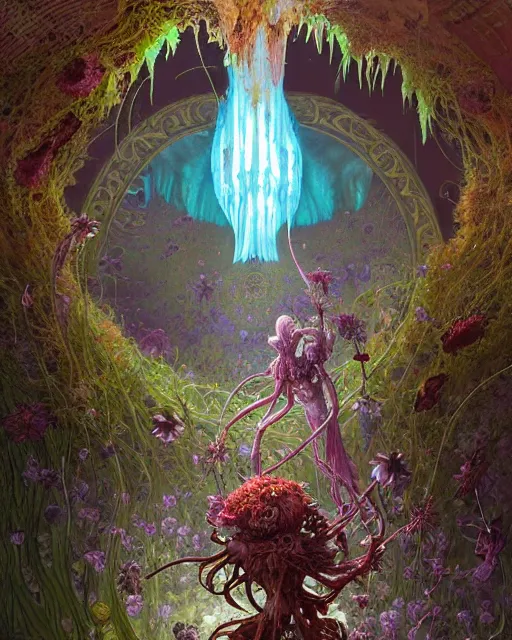 Image similar to the platonic ideal of flowers, rotting, insects and praying of cletus kasady carnage davinci dementor chtulu mandelbulb mandala ponyo dinotopia the witcher, fantasy, ego death, decay, dmt, psilocybin, concept art by randy vargas and greg rutkowski and simon stalenhag and alphonse mucha