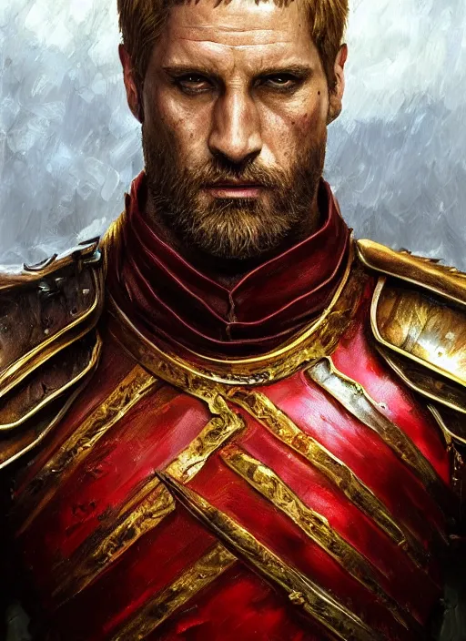 Image similar to highly detailed oil painting, masterpiece portrait warrior guard male lannister, fantasy character portrait, dynamic pose, above view, top lighting, realistic shaded, perfect face, 8 k realistic, hyper detailed, digital painting, artstation, concept art, hyper detailed eyes, cinematic lighting, dynamic pose, above view, perfect eyes