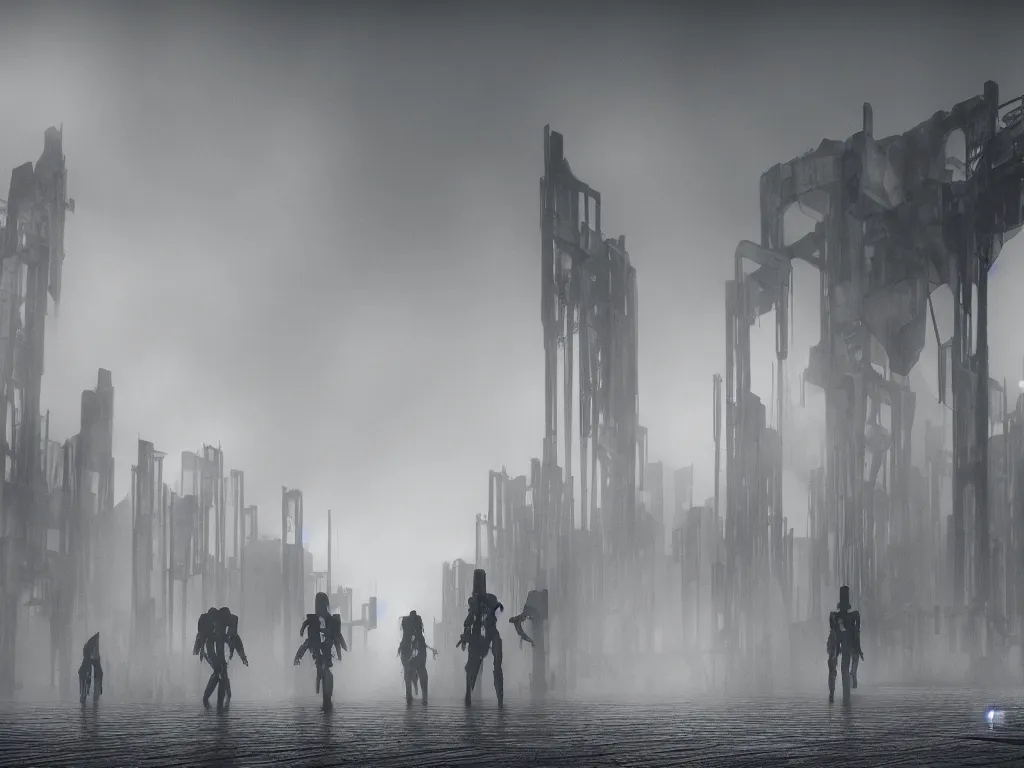 Image similar to robotic black metal band, humanoid, baroque, brutalist structures in the background, atmospheric fog, octane render, cinematic, 8 k