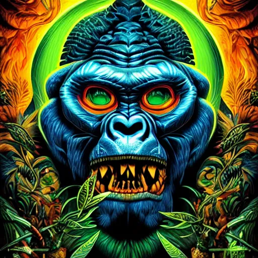 Image similar to barong family member, wiwek, mara demon, one single tribe member, jungle, one single mask, dark, ancient warrior, gorilla, lizard, tribal, inner glow, art by dan mumford and justin gerard