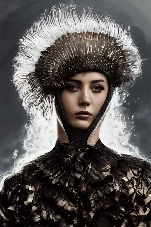 Image similar to a close up matte portrait of an attractive stern fierce 25yo female goddess of nuclear explosions wearing a divine costume with a modular grand headpiece. matte painting portrait by Alessio Albi, Ross Tran, and WLOP, her outfit is made of leather and feathers and was designed by Yoshitaka Amano in the style of an explosion. headshot. trending on artstation, quirky composition, volumetric light, in the style of a 1970s sci fi book cover