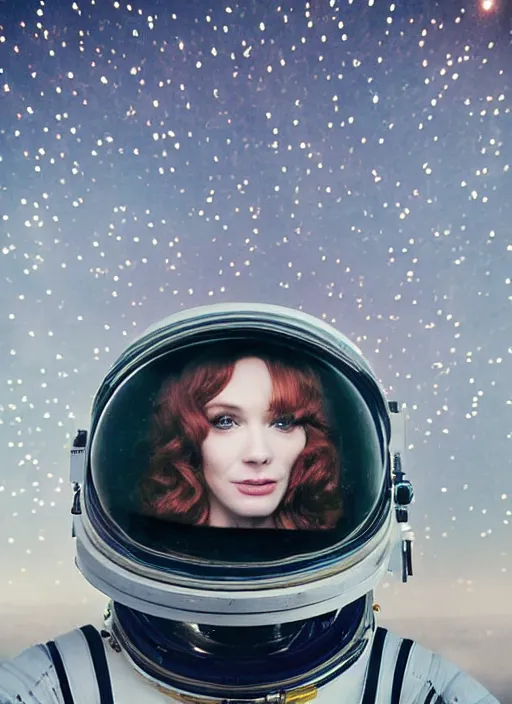 Image similar to upper body photograph portrait of a very pretty!!! christina hendricks in starfield, symmetric face, petzval lens. out of focus, in an astronaut costume. futuristic helmet with neck protection, space station. by alesio albi and george lucas and stanley kubrick