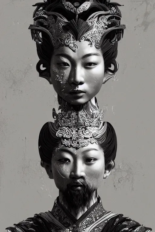 Image similar to chinese god, portrait, fierce, intricate, elegant, black and white volumetric lighting, scenery, digital painting, highly detailed, artstation, sharp focus, illustration, concept art, ruan jia, steve mccurry