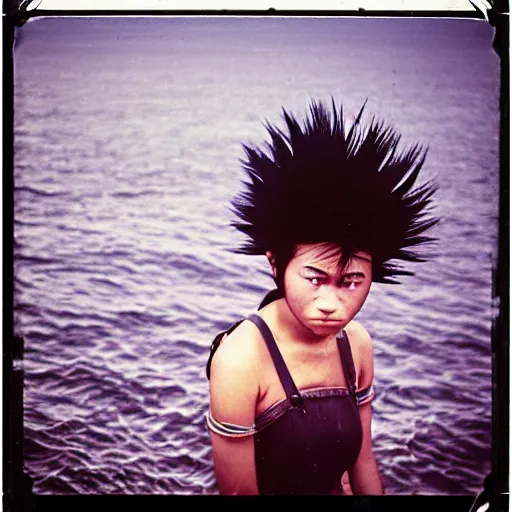 Image similar to black - haired girl with wild spiky black saiyan hair with long bangs over her eyes, hair covering eyes, eyeless, wearing casual clothing, standing on an alaskan fishing vessel, mekoryuk, alaska, 1 9 6 5, polaroid, kodachrome, grainy photograph