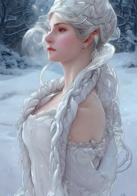 Image similar to snow queen in ice dress, intricate, elegant, highly detailed, digital painting, artstation, concept art, smooth, sharp focus, illustration, art by artgerm and greg rutkowski and alphonse mucha and william - adolphe bouguereau