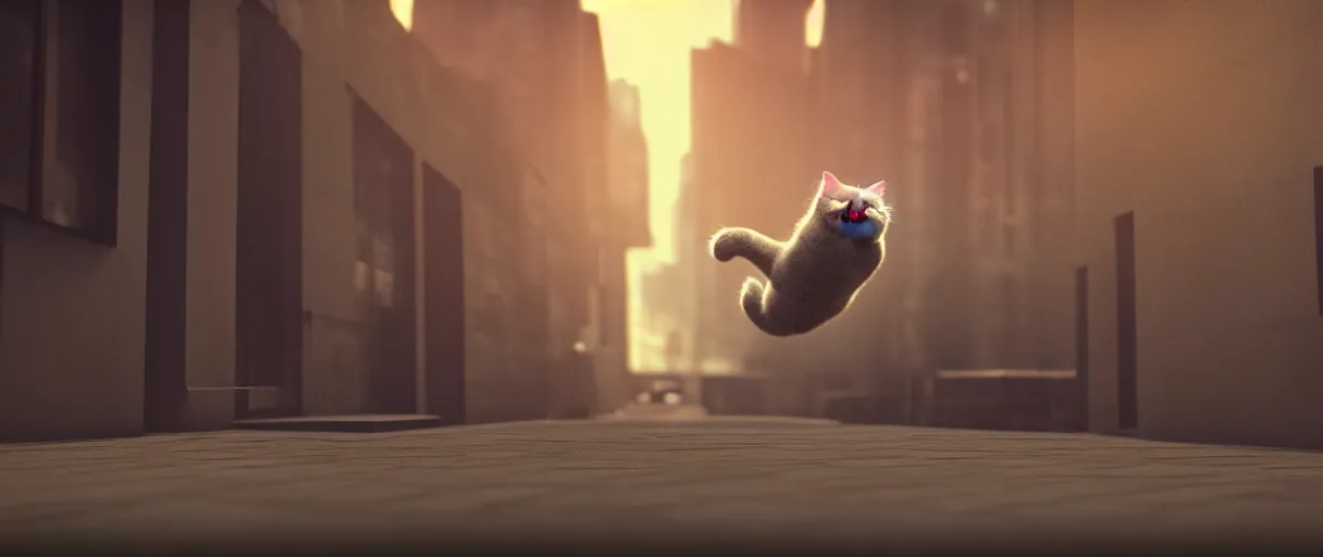 Prompt: 3d render of a cute flooffy fat catman jumping on a dark city alley sharp cinematic lighting octane 8k low angle shallow depth of field