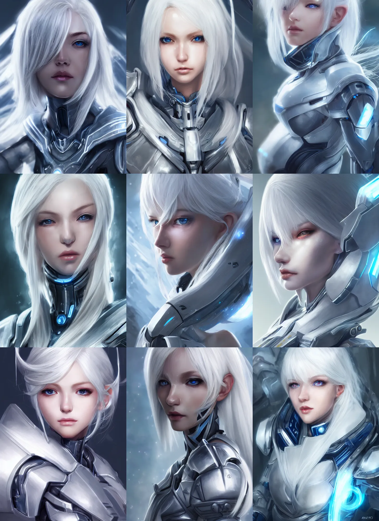 Image similar to detailed portrait of perfect white haired girl, android, warframe armor, beautiful, pretty face, blue cyborg eyes, innocent, scifi, 4 k, sun yunjoo, ultra realistic, aura of light, cinematic lighting, highly detailed, sharp focus, artstation, masterpiece, art by hyungjin yang and akihiko yoshida