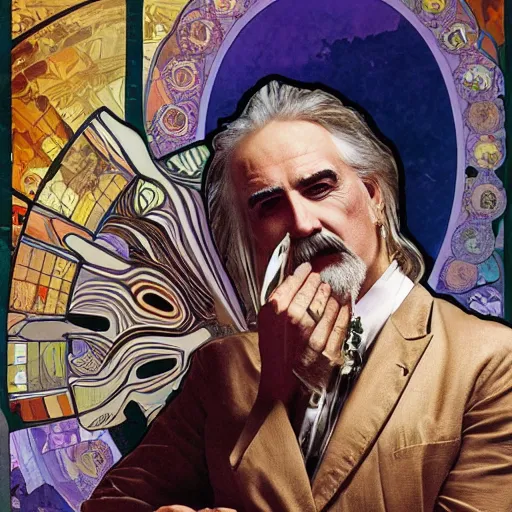 Prompt: billy connolly painted by salvadore dali in the style of the four seasons by alphonse mucha. cyberpunk dystopian portrait. high quality digital art render. 4 k