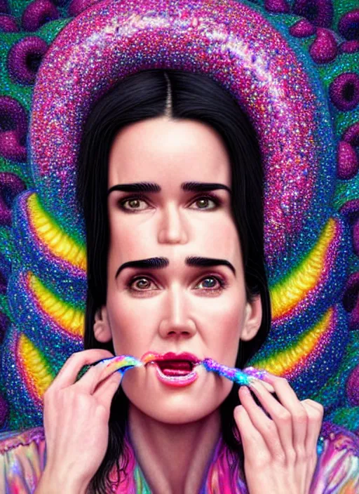 Image similar to hyper detailed 3d render like a Oil painting - Jennifer Connelly with black hair in thick mascara seen seriously making chewing gum bubbles and Eating of the Strangling network of colorful donuts and exotic colorful flowers and Her delicate Hands hold of pink parrots bring iridescent luminescent flowers whose blossoms black the foolish stars by Jacek Yerka, Mariusz Lewandowski, Houdini algorithmic generative render, Abstract brush strokes, Masterpiece, Edward Hopper and James Gilleard, Zdzislaw Beksinski, Mark Ryden, Wolfgang Lettl, Dan Hiller, hints of Yayoi Kasuma, octane render, 8k