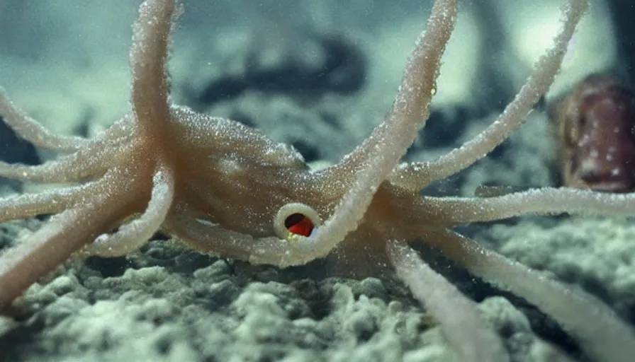 Image similar to Big budget horror movie, scientists examine a baby squid