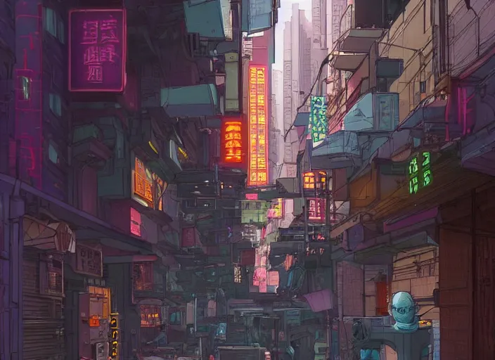 Image similar to a cyberpunk hong kong alley with robots and humans walking around by moebius, pixar color palette, clear details, street level