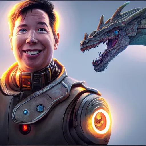 Prompt: a portait of cyborg michael mcintyre, there is a dragon in the background, anatomy, bathed in light, highly detailed, photorealistic, artstation, smooth, sharp focus, illustration, unreal engine 5, 8 k, art by artgerm and greg rutkowski and edgar maxence