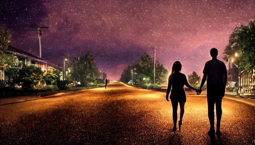 Image similar to couple walking down the street surrounded by fireflies, cinematic lighting, wow, establishing shot