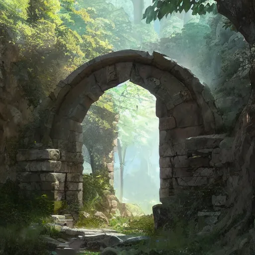 Image similar to concept art painting of an ornate ancient stone archway, in the woods, realistic, detailed, cel shaded, in the style of makoto shinkai and greg rutkowski and james gurney