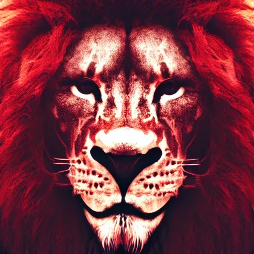 Image similar to anonymous lion face, closeup of face, volumetric lighting, face encircled by fire, crimson - black color scheme, intricate detail, award winning epic cinematic composition, photorealistic