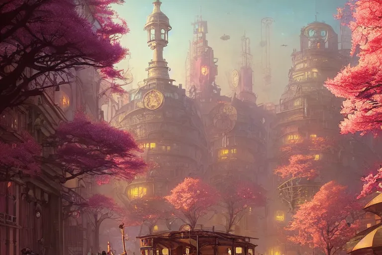 Image similar to steampunk city, cherry blossoms, unreal engine, fantasy art by greg rutkowski, loish, rhads, ferdinand knab, makoto shinkai and lois van baarle, ilya kuvshinov, rossdraws, tom bagshaw, global illumination, radiant light, detailed and intricate environment