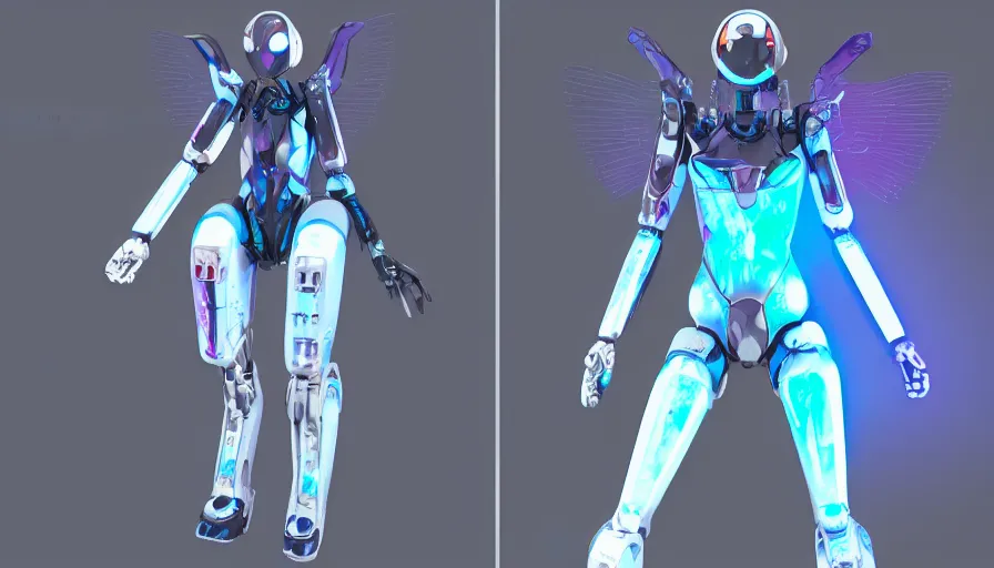 Prompt: holograph, female robot mech suit, angel wings, evangelion, quixel megascans, glitchpunk, character portrait