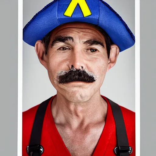 Prompt: Professional corporate portrait of Mario wearing his Mario hat and overalls, Nintendo, studio lighting, 85mm lens, Photo by Martin Schoeller, Lee Jeffries, Terry Richardson