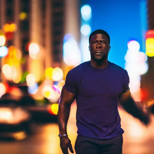 Image similar to a still of Kevin Hart. Shallow depth of field. City at night in background, lights, colors ,studio lighting, mood, 4K. Profession photography