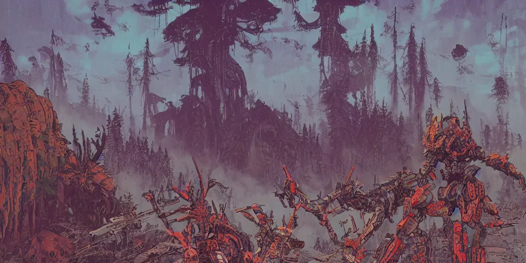 Image similar to a close - up grainy risograph, painting of a scene from horizon zero dawn + hyper light drigter, machine monsters, mechas, dense forest, by moebius and kim jung gi and satoshi kon