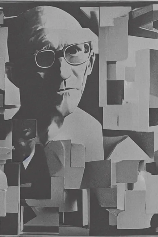 Prompt: a close - up portrait of le corbusier, built from fragments of photographs of his architectural works.