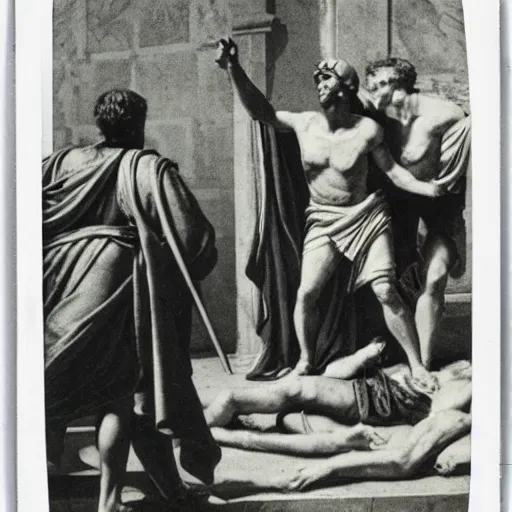 Image similar to a Polaroid photo of the death of Julius Caesar in ancient Rome