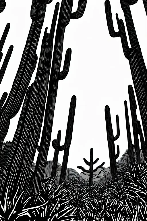 Prompt: art by brian reedy, a beautiful black ink linocut print of the giant cactus forest baja mexico, 8 k, frostbite 3 engine, cryengine, dof, trending on artstation, digital art, crepuscular ray