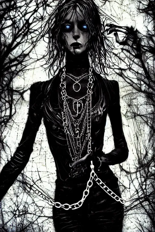 Image similar to dreamy gothic girl, black leather slim clothes, chains, colorful rings, beautiful body, detailed acrylic, grunge, intricate complexity, by dan mumford and by alberto giacometti, peter lindbergh