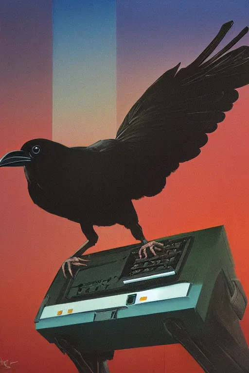 Prompt: a raven investigating 8 0 s era technology, vintage shapes, retro technology, sylvan color, wayne barlow, oil on canvas, deep depth of field, masterpiece, cinematic composition, hyperdetailed