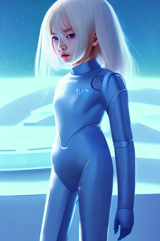 Image similar to perfect android girl family, explorer suit, artgem, scifi, futuristic design, bae suzy, long white hair!!!, blue eyes,, full body character design, cinematic lighting, highly detailed, artstation, divine, by huifeng huang, beeple, goro fujita, smooth gradient.