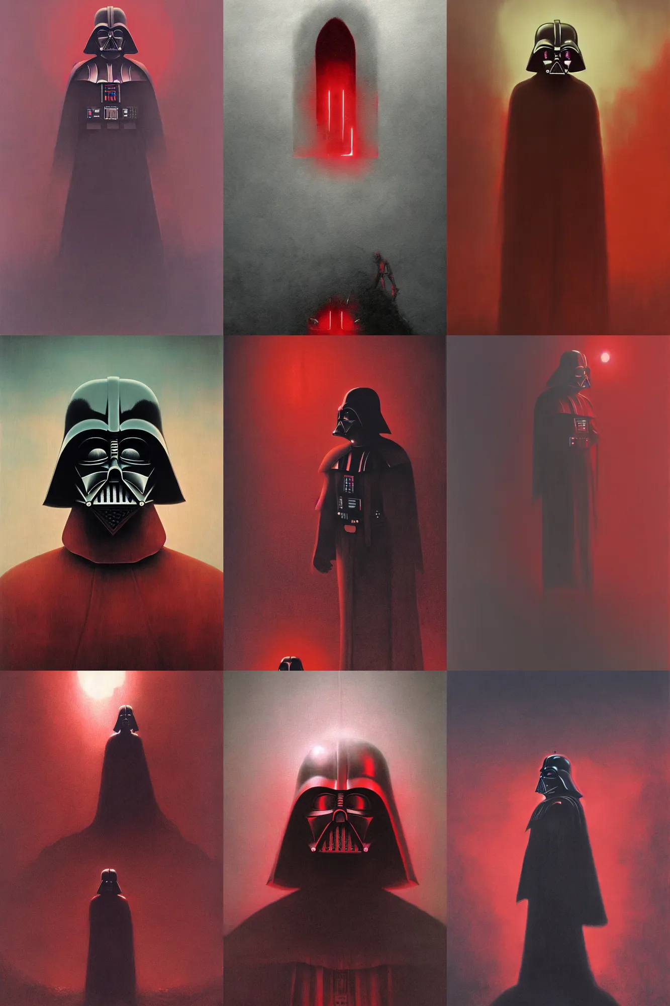Prompt: darth vader, beksinski, masanori warugai, bleak color, red highlights, cinematic dark lighting