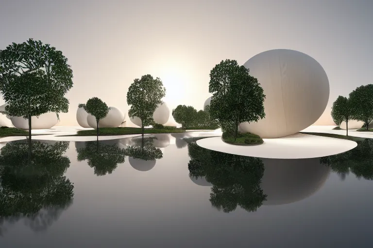 Image similar to 2 0 white round egg shaped buildings intersect and depend on each other to form a post - modern building, by pierre bernard, on the calm lake, people's perspective, future, interior wood, dusk, unreal engine highly rendered, global illumination, radial light, internal environment