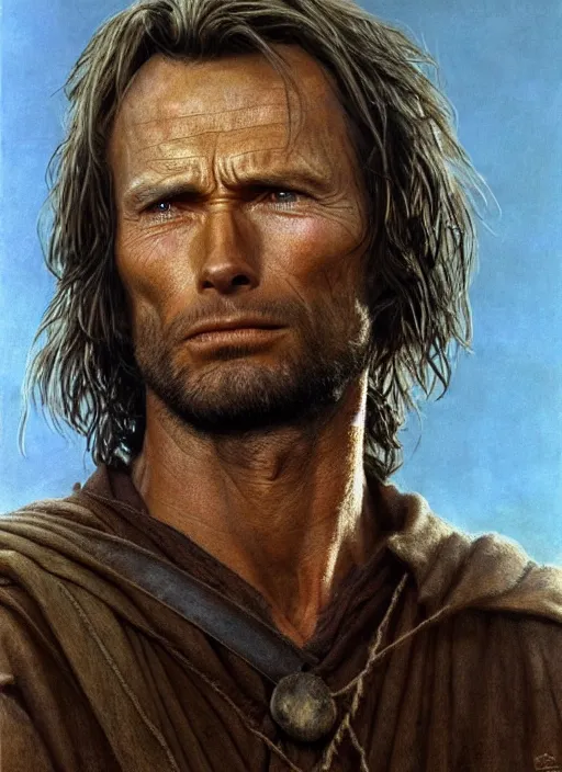 Image similar to Clint Eastwood as Aragorn by Alan Lee, medium shot, very detailed eyes, golden hour, concept art, detailed clothing, art station, oil painting