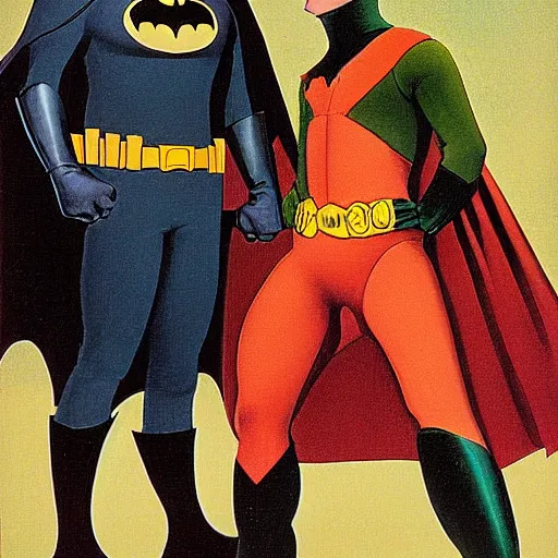 Image similar to batman and robin by grant wood