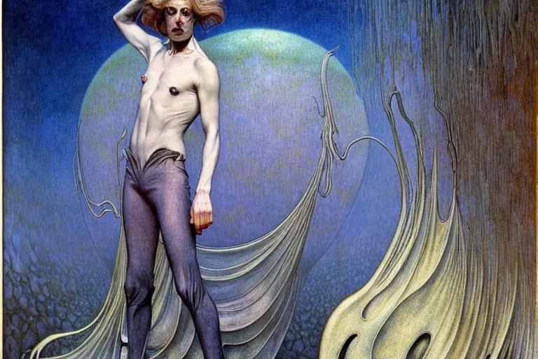 Prompt: realistic extremely detailed portrait painting of an elegantly creepy vampire man in cape, futuristic sci-fi landscape on background by Jean Delville, Amano, Yves Tanguy, Alphonse Mucha, Ernst Haeckel, Edward Robert Hughes, Roger Dean, rich moody colours, blue eyes