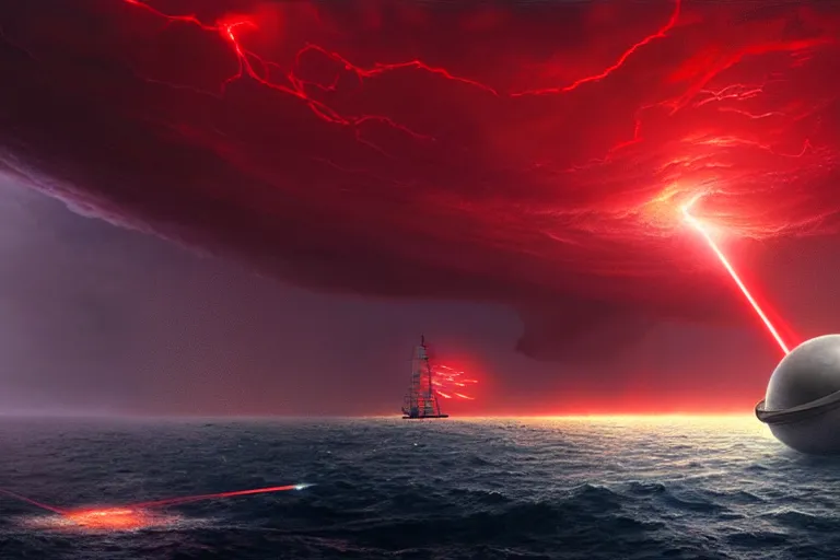 Prompt: A beautiful matte painting of huge spherical alien spaceship attacking with powerful red lasers a Sailship in ocean in thunderstorm by greg rutkowski
