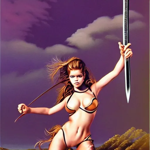 Image similar to barbara palvin supermodel posing as an amazon holding a sword, volcanic background, art by peter lloyd, 1 9 8 0's art, retro art, airbrush style, art by hajime sorayama,, intricate, elegant, sharp focus, illustration, highly detailed, concept art, matte, sharp focus, art by peter palombi, charles e. white